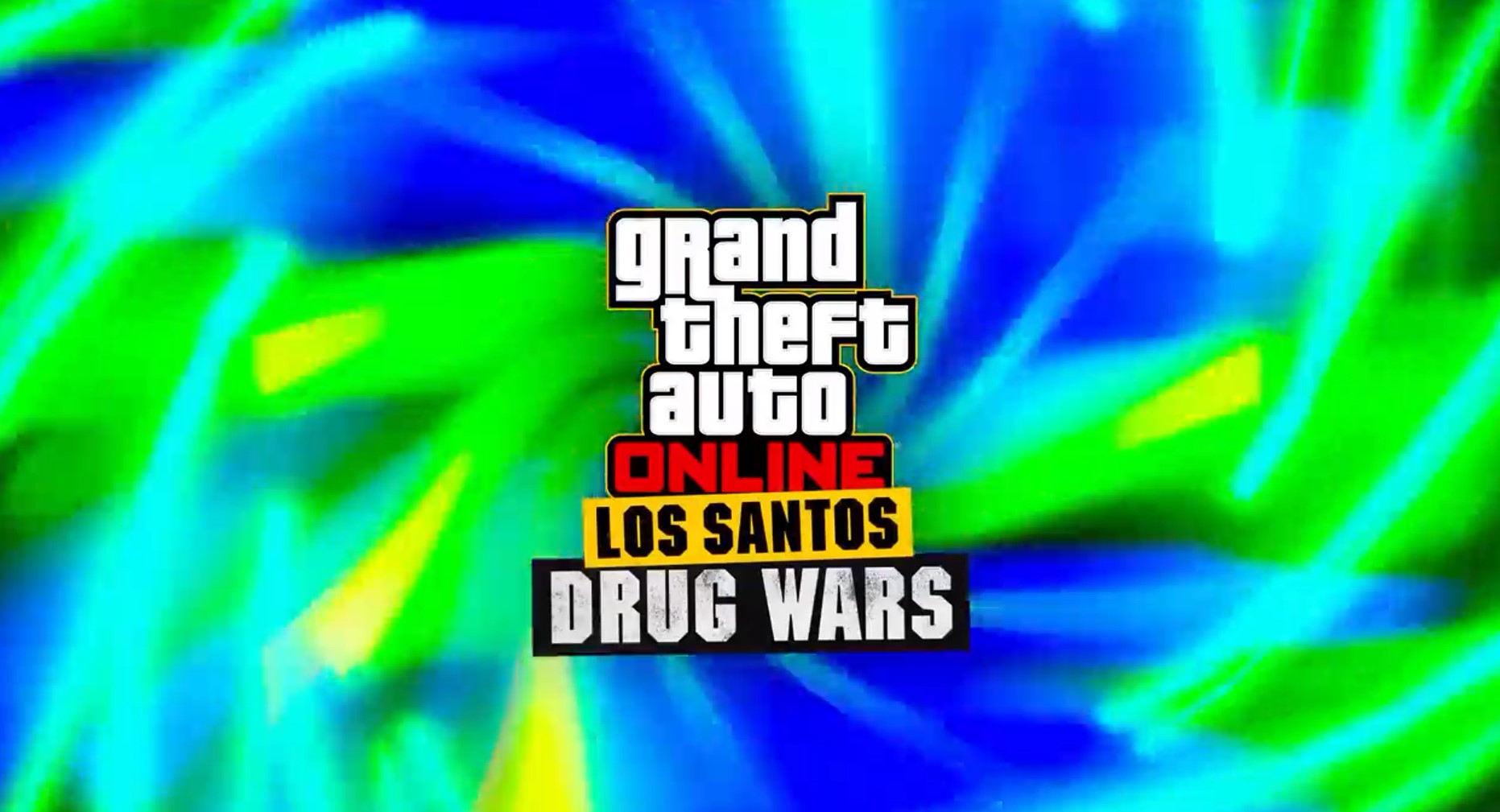 Text on blue and green background: "Grand Theft Auto Online, Los Santos Drug Wars"