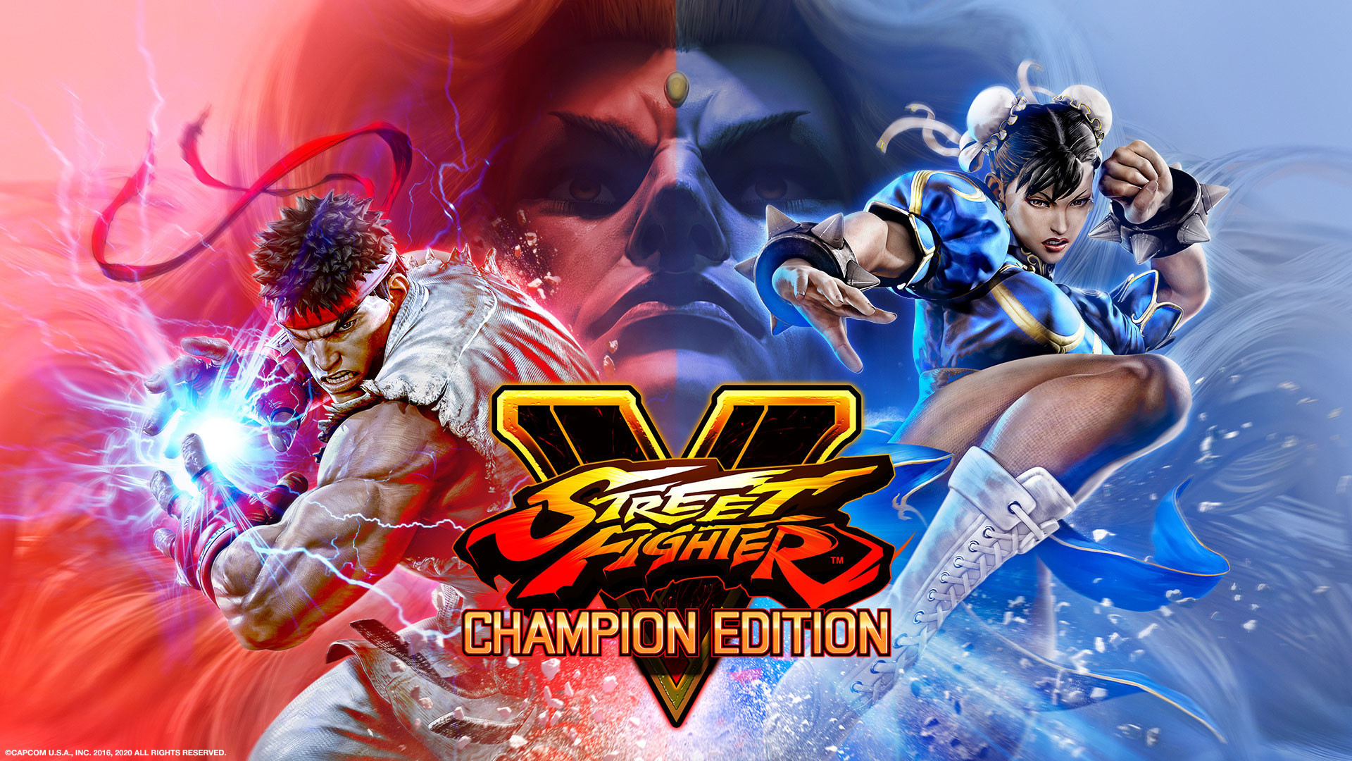 Two characters from the Street Fighter franchise strike their signature poses while the villain looks up.